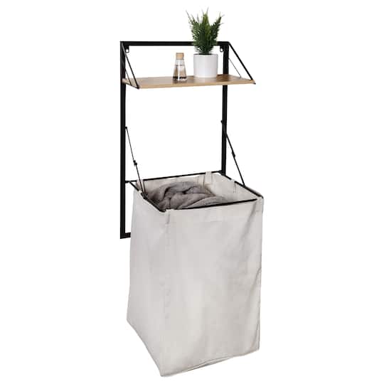 Honey Can Do Black &#x26; Maple Collapsible Wall-Mounted Hamper with Laundry Bag &#x26; Shelf